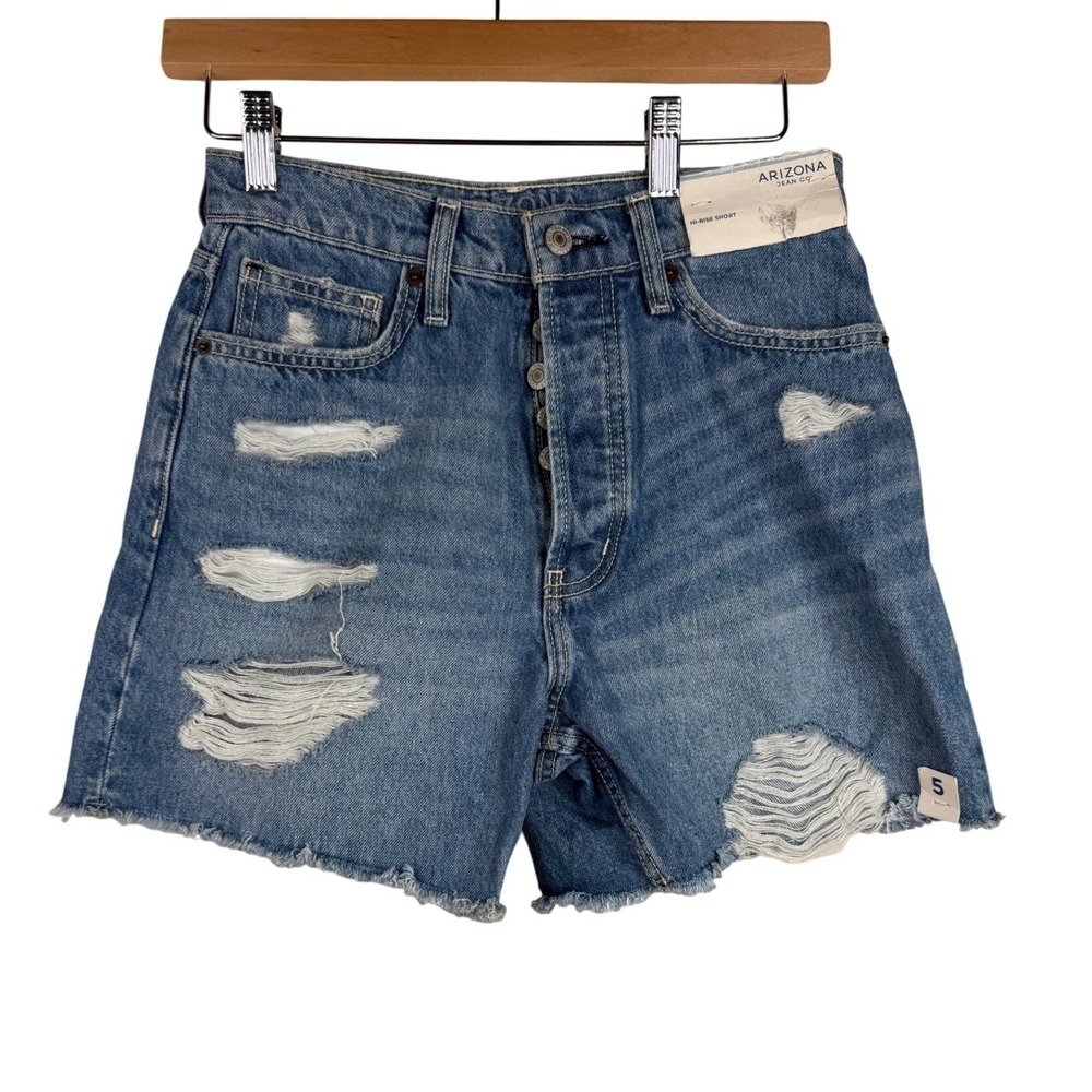 NWT Arizona Distressed Hi Rise Button Fly Shorts size 5 Blue Denim